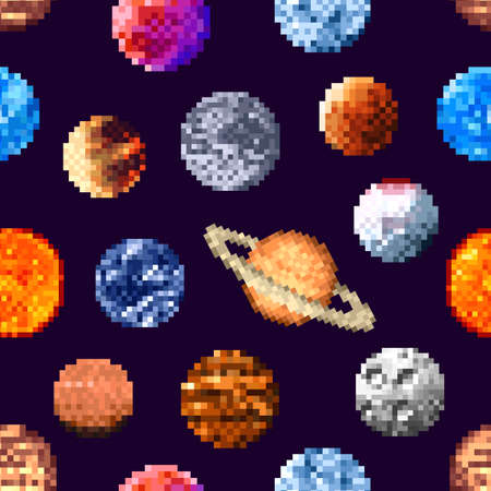 8bit pixel art space planets and stars seamless pattern, vector background of fantastic galaxy. Saturn and alien earth planets in 8 bit pixel art, asteroids and comets in galactic space patternのイラスト素材