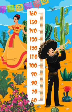 Mexican musician and woman in national dress kids height chart. Vector scale of cartoon growth measure meter, wall sticker with mexican desert, cactuses, papel picado and paper flags garlandsのイラスト素材