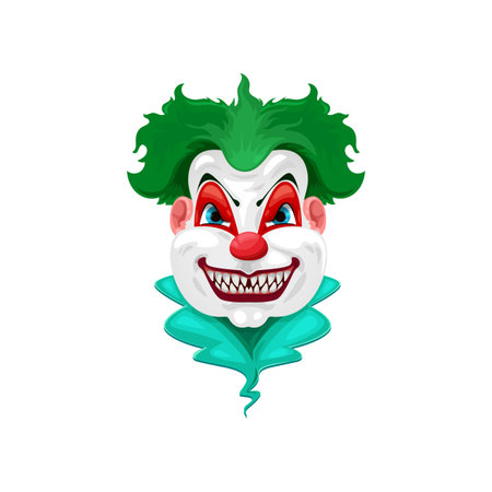 Scary circus monster face with green wig isolated cartoon character. Vector evil clown with sharp teeth, Halloween holiday creepy monster with red nose, spooky creature with angry face expressionのイラスト素材