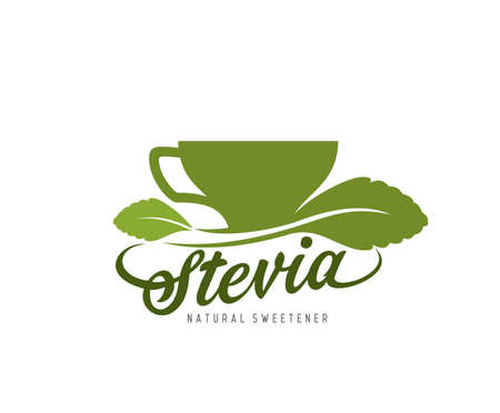 Stevia icon, cup and green leaf, natural sweetener and sugar substitute, isolated vector. Organic stevia leaves for sweet coffee or tea drink with zero calories and healthy herbal food sweetenerのイラスト素材
