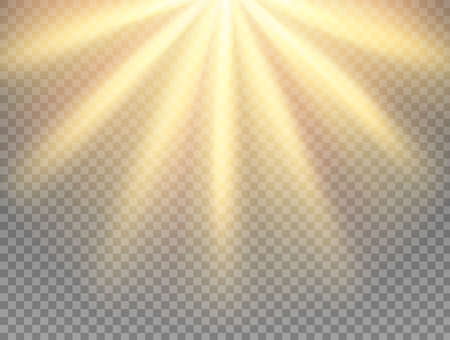 Sun light rays on transparent background, sunlight flares and sunbeams, vector effect. Bright sun light shine glow or golden sunlight beams, realistic star flash in shiny sunny sky or spotlightのイラスト素材