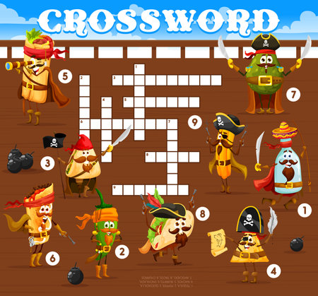 Crossword grid, cartoon Mexican food pirate and corsair characters, vector word quiz game. Crossword worksheet grid to guess words of funny burrito and taco in pirate tricorne hat, avocado and tequilaのイラスト素材