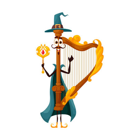 Cartoon harp elderly wizard character. Isolated vector plucked stringed instrument magician personage. Musical classes for children, music playing learning, education for kids, classic or folk concertのイラスト素材
