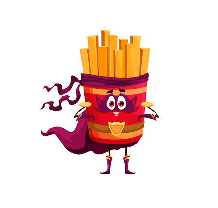 Cartoon french fries potato superhero character. Fast food potato meal hero vector character wearing...