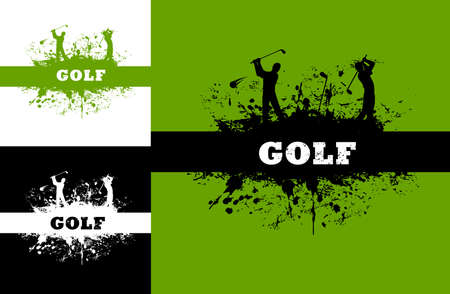 Golfing sport banner with golf players silhouettes. Golf club, sport tournament or competition grungy vector background, wallpaper with golf player swinging club, black paint splatter or blotchのイラスト素材