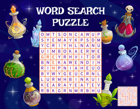 Magic potion bottles of Halloween. Word search puzzle game worksheet. Quiz grid, vocabulary riddle and children logical test, vector text playing activity with fantasy flasks and bottles with potionsのイラスト素材