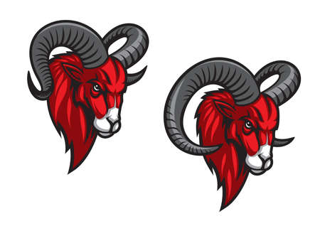 Powerful mountain goat animal mascot, sport team or league club wild animal vector emblem. Mountain goat animal mascot red head with horns for soccer football, basketball or baseball sport team emblemのイラスト素材