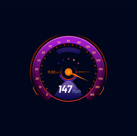 car futuristic neon speedometer dial gauge. Auto or motorbike speed meter neon interface, isolated...