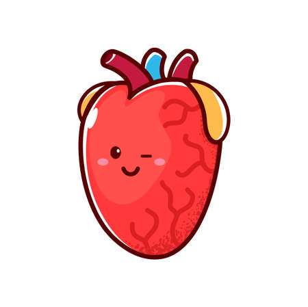 Cute cartoon healthy smiling heart character happy emoji emotion. Vector funny circulatory organ, cardiology emblem. cute kawaii heartのイラスト素材