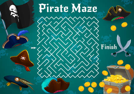 Labyrinth maze pirate flag and tricorn, cocked hat, sabers and golden chest. Cartoon vector kids board game with start, finish and path. Educational children riddle, boardgame for family activityのイラスト素材