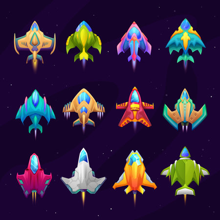 Cartoon starship, spacecraft and spaceship icons. Vector fantasy rockets, futuristic shuttles, vehicles for travel in outer space. Game asset of isolated spaceshipsのイラスト素材