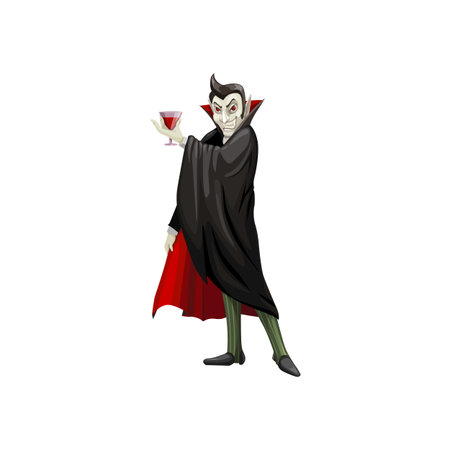 Cartoon vampire spooky Halloween character, Dracula character with blood in wineglass. Creepy vector gothic monster, count with fangs and peaked ears wear black cloak with red lining and high collarのイラスト素材