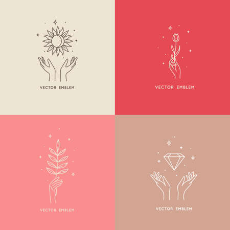 Boho sun, flower, gem and twig with moon and star in hand, vector line icons. Bohemian mystic or esoteric symbols and emblems of crystal and woman hand with flower and crystal gem of magic healingのイラスト素材