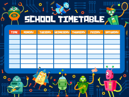 time table. Cartoon funny robots on school timetable, education weekly planner or lessons vector schedule. Children study week everyday calendar with comical robots, alien droids charactersのイラスト素材