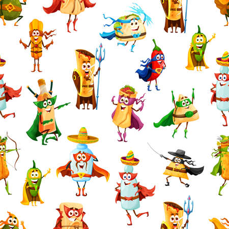 Tex Mex Mexican food superheroes and defenders seamless pattern, vector background. Cartoon super hero characters pattern, burrito and taco in Mexican sombrero, nachos and churros, avocado and tequilaのイラスト素材