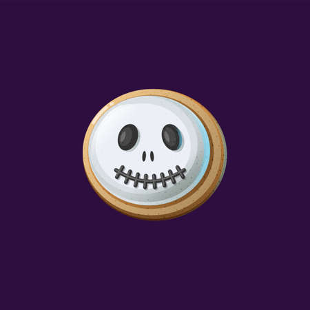 Gingerbread cookie with icing topping with creepy ghost face isolated head of zombie. Vector trick or treat confectionery, pastry cookies. Homemade baked food with sugar, bakery Halloween dessertのイラスト素材