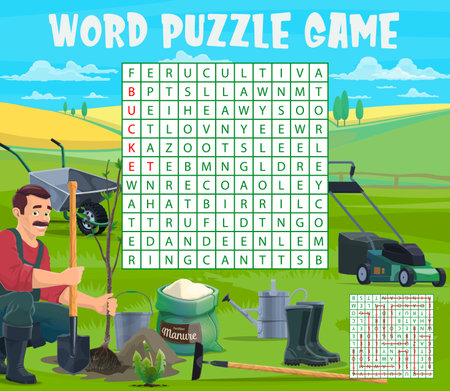 Farmer tools and equipment. Word search puzzle game worksheet. Vocabulary game, vector educational riddle or text puzzle with farmer, seedlings and lawnmower, boots, watering can and wheelbarrowのイラスト素材