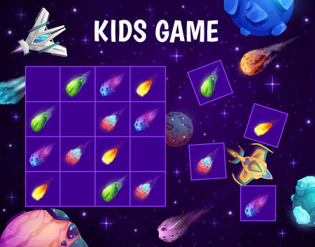 Sudoku game worksheet. Cartoon space comets, stars and spacecrafts on kids puzzle game, children sudoku riddle or quiz. Kids educational playing activity vector page with flying in galaxy cometsのイラスト素材