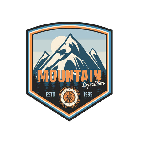 Mountain expedition icon of nature camp, outdoor adventure or travel vector design. Mountains isolated retro badge with forest trees landscape and vintage compass, recreation park or scout club emblemのイラスト素材