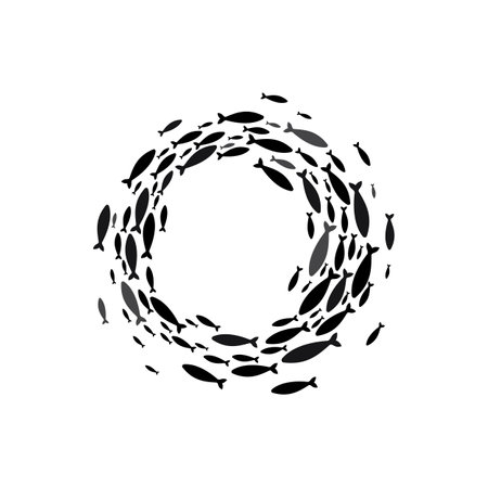 Round frame of shoal fish silhouette, isolated marine cod flock, floating underwater animals in group. Vector aquatic tuna, circle of ocean seafoodのイラスト素材