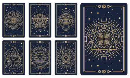 Tarot cards. Astrology arcana cards or occult ritual tattoo set. Tarot cards for divination or cartomancy with esoteric mason vector signs, line vector occult and magic symbols, satan pentagramsのイラスト素材