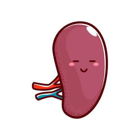 One smiling kidney, happy human healthy organ funny cartoon character. Vector kidney funny character kawaii emoticon, internal organ with faceのイラスト素材