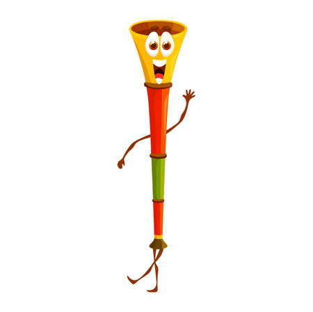 Cartoon musical vuvuzela character, music wind instrument character. Isolated vector pipe, funny comic trumpet with happy smile face, birthday party, festival celebration or soccer tournament announceのイラスト素材