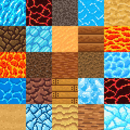 Lava, ice, iceberg, crystal, sand, water, wooden plank, magma retro 8bit pixel art game surface vector patterns. Surface textures, 8 bit game ground blocks, retro arcade environment backgrounds setのイラスト素材