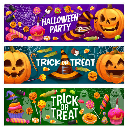Halloween holiday cartoon banners. Sweets, candies with witch hats and cobwebs, vector orange pumpkins of Halloween horror night lanterns with scary ghost and witch finger cookies, candy corn, jellyのイラスト素材
