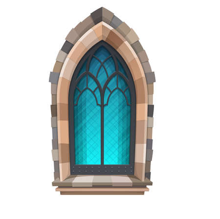 Cartoon medieval window of castle. Medieval cathedral or temple, exterior window, ancient palace or castle isolated vector window with stone or brick arch, glass and forged metal frameのイラスト素材