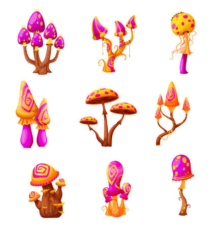 Fantasy fairy magic mushrooms, cartoon vector fungi. Isolated alien unusual plants with bizarre stipes and odd caps. Natural fairytale toadstools game assets, hallucinogenic poisonous fungus setのイラスト素材