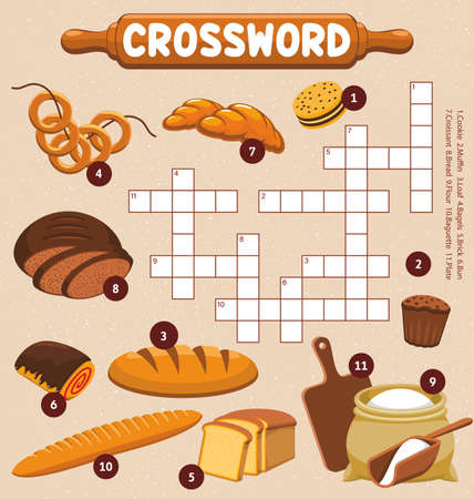 Desserts, flour and bakery crossword worksheet, find a word quiz game. Vector cookie, muffin, loaf and bagels, brick, croissant, bread, baguette and plate search puzzle for children learning activityのイラスト素材