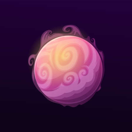 Space planet with air vortices, vector galaxy fantasy globe with swirls in atmosphere. Glowing pink sphere with whirls, isolated ui game object, comet, meteor in universe. Fantastic object in spaceのイラスト素材
