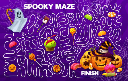 Labyrinth maze, cartoon Halloween holiday pumpkins, cobweb, sweets and candies pathfinding puzzle game vector worksheet. Halloween trick or treat food labyrinth with lollipops, cakes, toffee, cookiesのイラスト素材