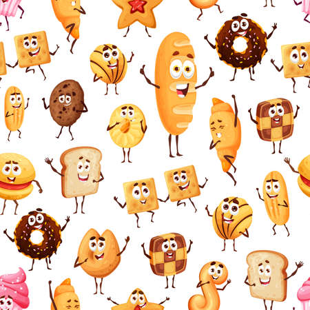 Bread, pastry and confectionery cartoon funny characters seamless pattern. Vector background with donut, chocolate, shortbread and crumbly cookies, burger, toast, cracker, croissant bakery personagesのイラスト素材