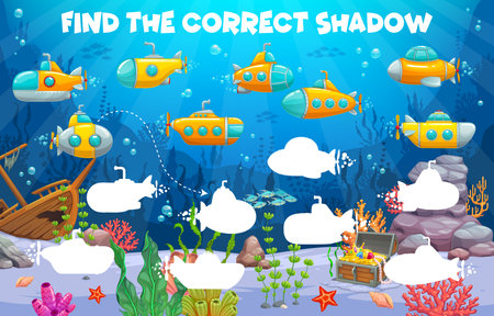 Find the correct shadow of cartoon submarines and bathyscaphes. Kids game vector worksheet. Educational puzzle quiz with silhouette of underwater landscape and submarine shis with periscopeのイラスト素材