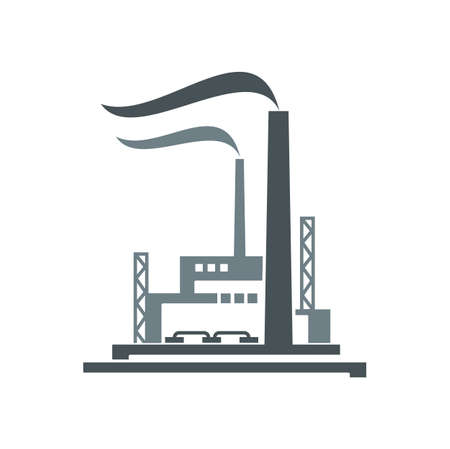 Factory, industrial plant building vector icon. Energy industrial power plant or chemical factory with chimney and smoke. Isolated silhouette for oil refinery, energy and gas manufacturing symbolのイラスト素材