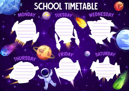 Timetable schedule with cartoon space comets, asteroids and astronaut. Vector school timetable with spaceships or shuttles in galaxy. Kids weekly planner with rockets and planetsのイラスト素材