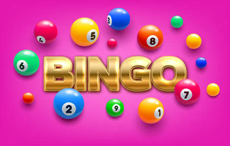 Bingo lottery vector 3d colorful balls with lucky combination numbers on pink background. Lotto jackpot, keno, casino gambling game, prize raffle and winner success banner with vibrant spheresのイラスト素材