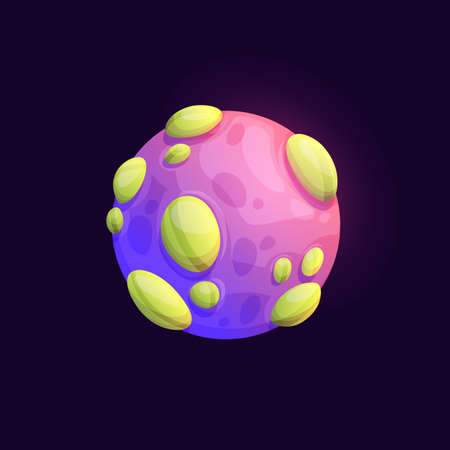 Galaxy space planet with volcano, mountain craters. Fantasy galaxy planet or fantastic alien world. Game user interface cartoon vector icon, violet moon satellite with yellow outgrowthのイラスト素材