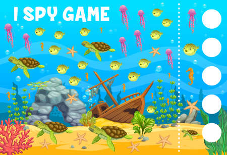 Underwater landscape with sea animals, I spy game worksheet. Vector puzzle quiz, brain riddle of cartoon underwater fish, jellyfish and sea turtle, starfish and seahorse on ocean bottomのイラスト素材