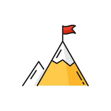 Business top, career goal color outline icon with flag on mountain peak. Leadership and target aim, business challenge and vision reach thin line vector symbol or pictogramのイラスト素材