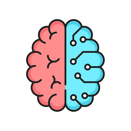 Artificial intelligence, digital technology outline icon with human brain and computer circuit. Data cloud storage, neural or cybernetic science and robot learning thin line vector symbol or pictogramのイラスト素材