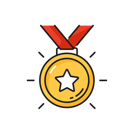 Golden medal on red ribbon color outline icon with golden medal on ribbon. Competition victory, business and work achievement, leadership prize thin line vector icon or pictogramのイラスト素材