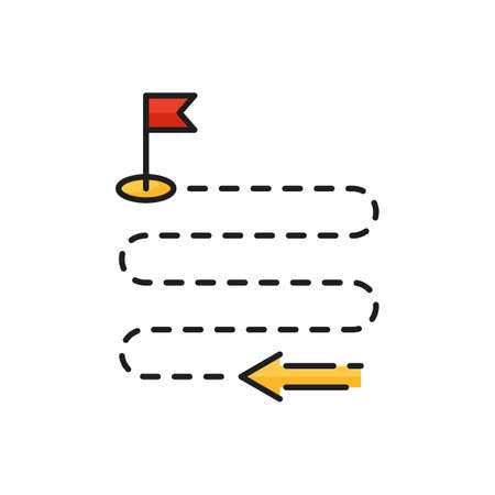 Achieving goals, way to business success color outline icon. Strategy planning, career and work obstacles, business way or direction thin line vector symbol with arrow pointing on zigzag pathwayのイラスト素材