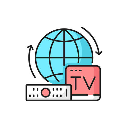 Internet television and media outline icon TV box, remote control and globe. Online TV and multimedia content broadcasting, telecommunication technology thin line vector sign or linear iconのイラスト素材