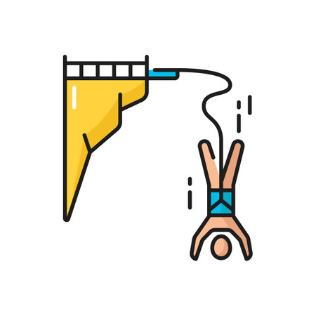 Bungee jumps, person jumps from bridge on rope isolated color line icon. Vector bungee jump hobby, entertainment in amusement park, extreme activity, woman or man wearing insurance falling downのイラスト素材