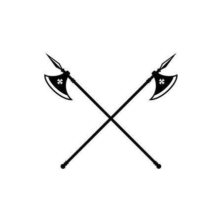 Heraldic crossed poleaxe, royal coat of arms emblem. Isolated pollaxe, gothic heraldry pole ax symbolのイラスト素材