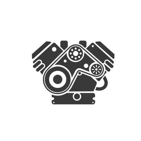 Car engine isolated vehicle motor monochrome icon. Vector internal combustion engine, vehicle spare part. Turbo machinery gear, automobile generator icon. Reciprocating piston engine, truck energyのイラスト素材