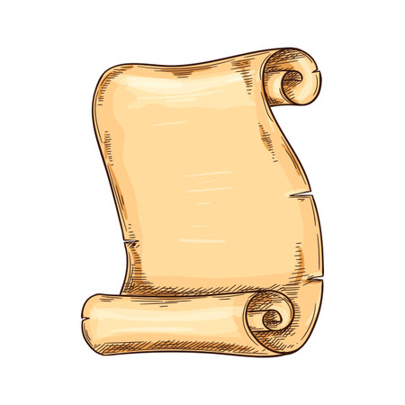 Manuscript scroll vector sketch. Vintage literature or ancient medieval papyrus paper scrollのイラスト素材